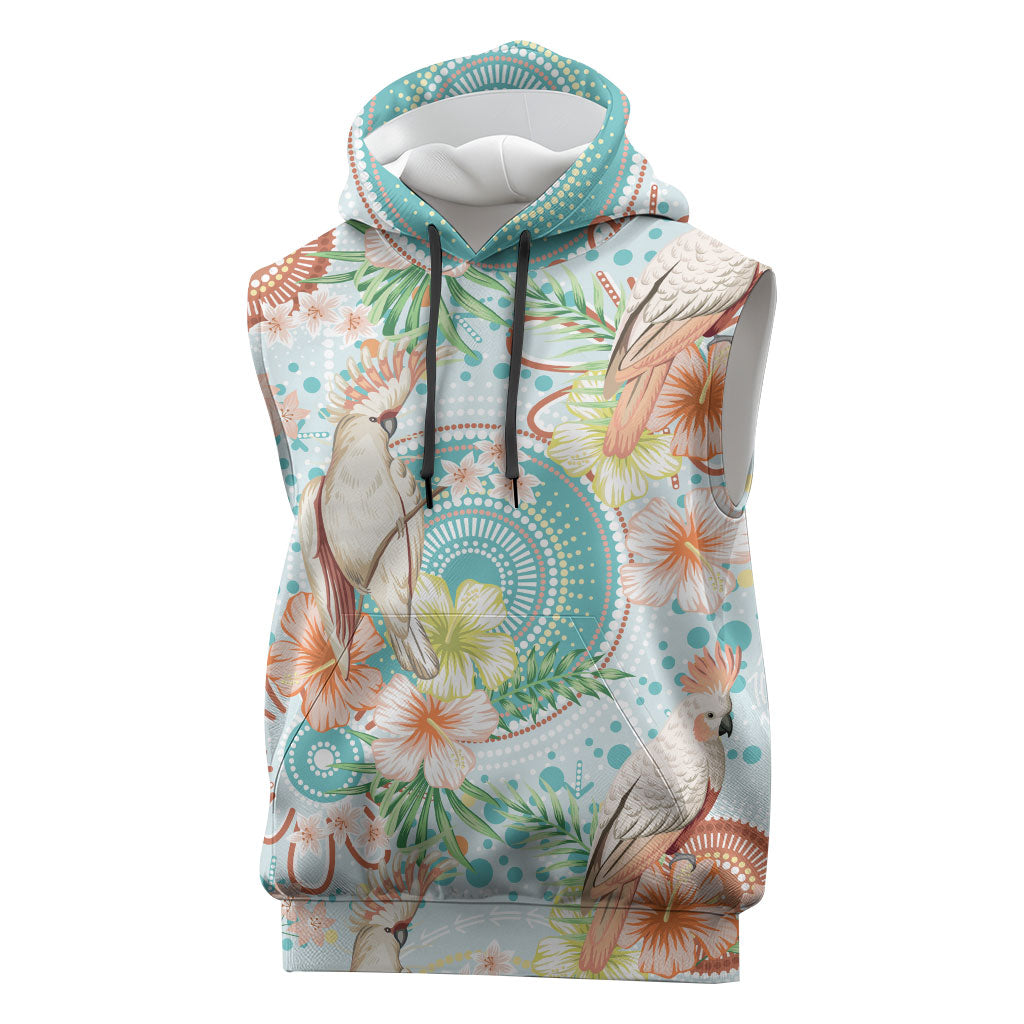 Australia Pink Cockatoo Aboriginal Art Sleeveless Hoodie Tropical Hibiscus Floral Style