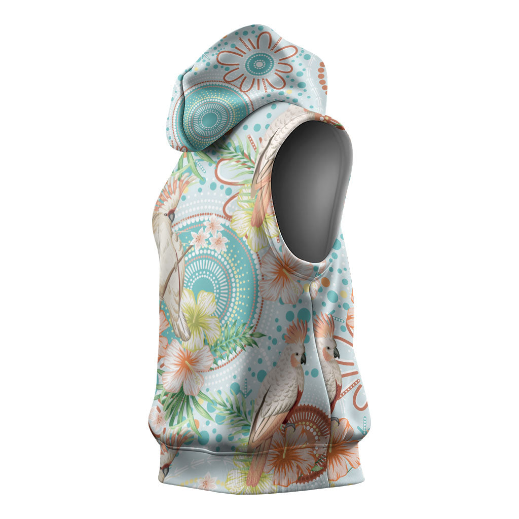 Australia Pink Cockatoo Aboriginal Art Sleeveless Hoodie Tropical Hibiscus Floral Style