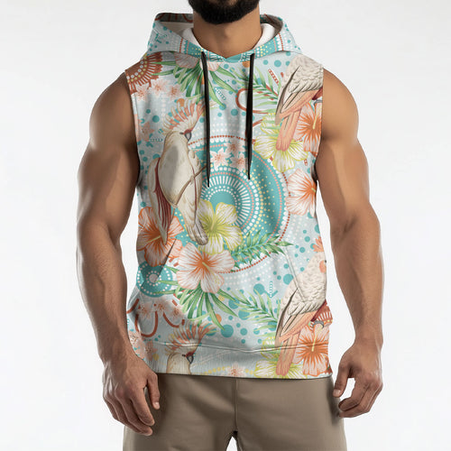 Australia Pink Cockatoo Aboriginal Art Sleeveless Hoodie Tropical Hibiscus Floral Style