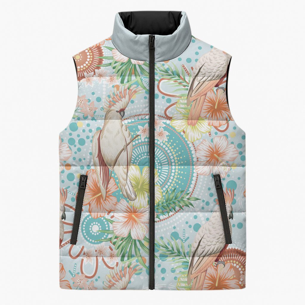 Australia Pink Cockatoo Aboriginal Art Sleeveless Puffer Jacket Tropical Hibiscus Floral Style