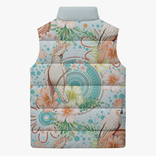 Australia Pink Cockatoo Aboriginal Art Sleeveless Puffer Jacket Tropical Hibiscus Floral Style