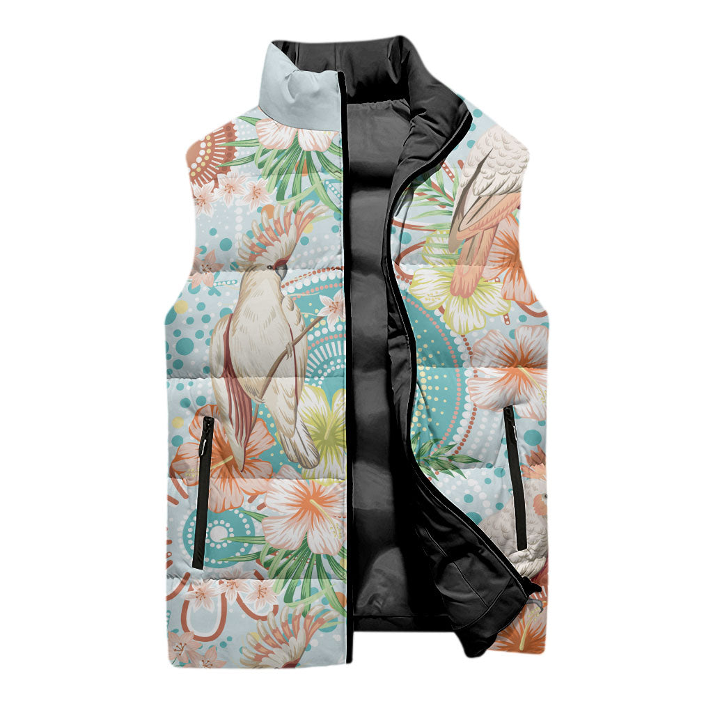 Australia Pink Cockatoo Aboriginal Art Sleeveless Puffer Jacket Tropical Hibiscus Floral Style
