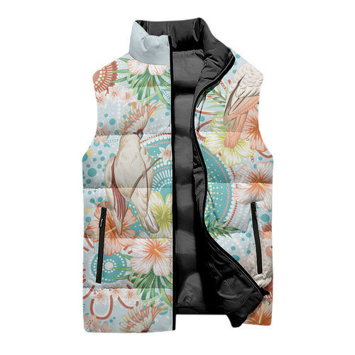 Australia Pink Cockatoo Aboriginal Art Sleeveless Puffer Jacket Tropical Hibiscus Floral Style