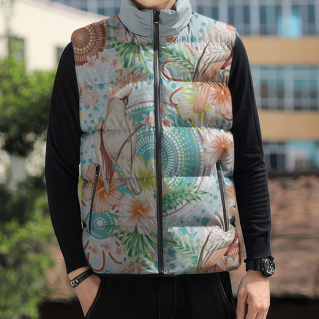 Australia Pink Cockatoo Aboriginal Art Sleeveless Puffer Jacket Tropical Hibiscus Floral Style