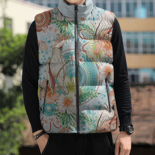 Australia Pink Cockatoo Aboriginal Art Sleeveless Puffer Jacket Tropical Hibiscus Floral Style
