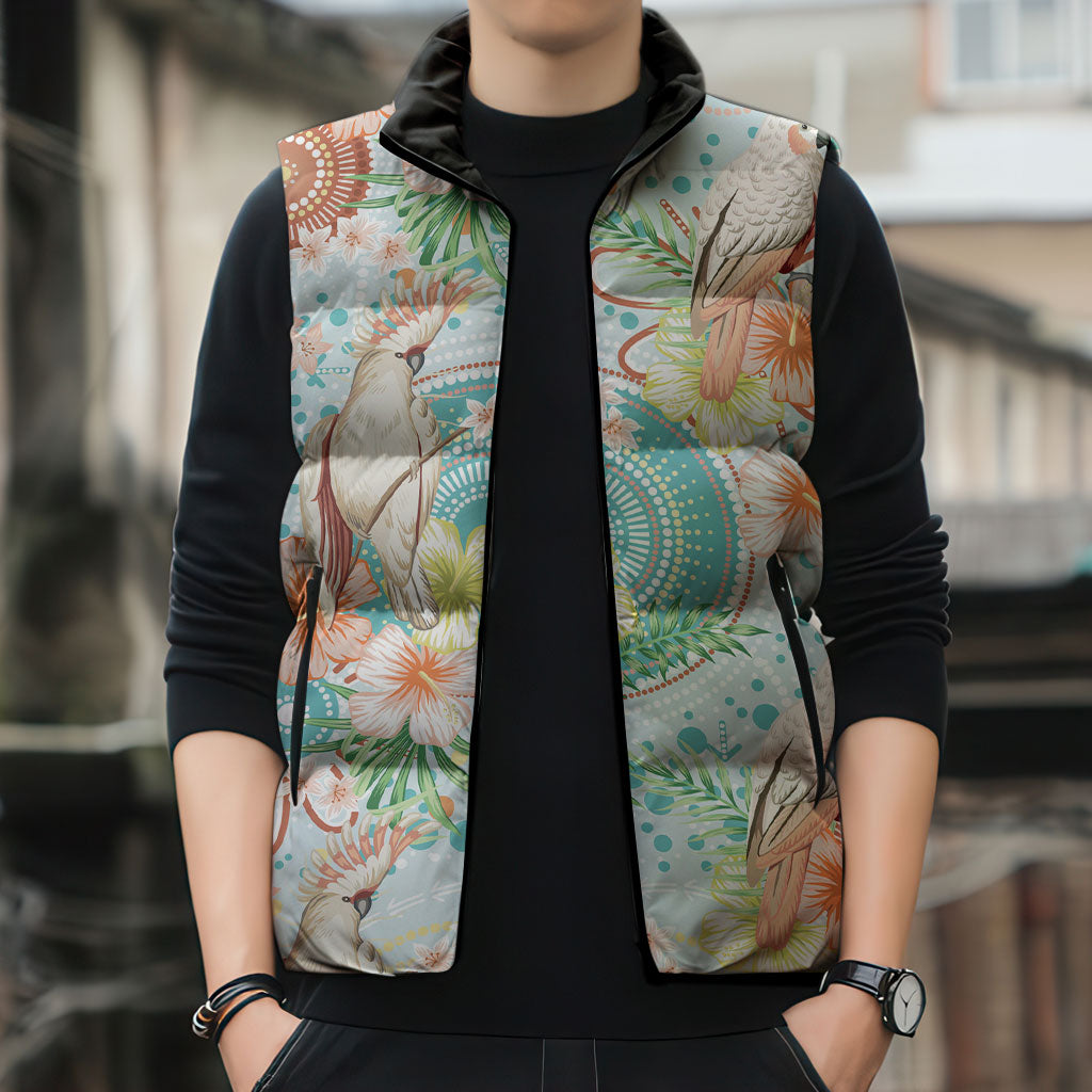 Australia Pink Cockatoo Aboriginal Art Sleeveless Puffer Jacket Tropical Hibiscus Floral Style