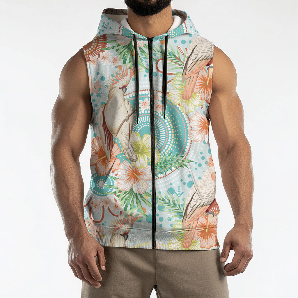 Australia Pink Cockatoo Aboriginal Art Sleeveless Zip Hoodie Tropical Hibiscus Floral Style