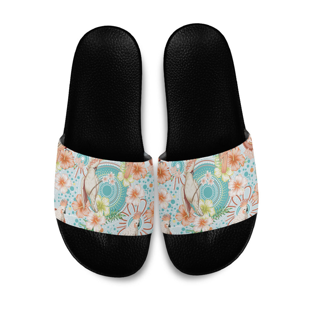 Australia Pink Cockatoo Aboriginal Art Slide Sandals Tropical Hibiscus Floral Style