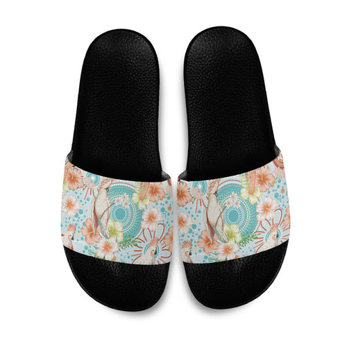 Australia Pink Cockatoo Aboriginal Art Slide Sandals Tropical Hibiscus Floral Style