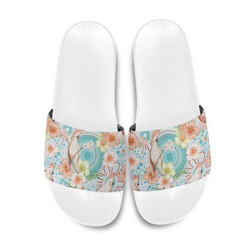 Australia Pink Cockatoo Aboriginal Art Slide Sandals Tropical Hibiscus Floral Style