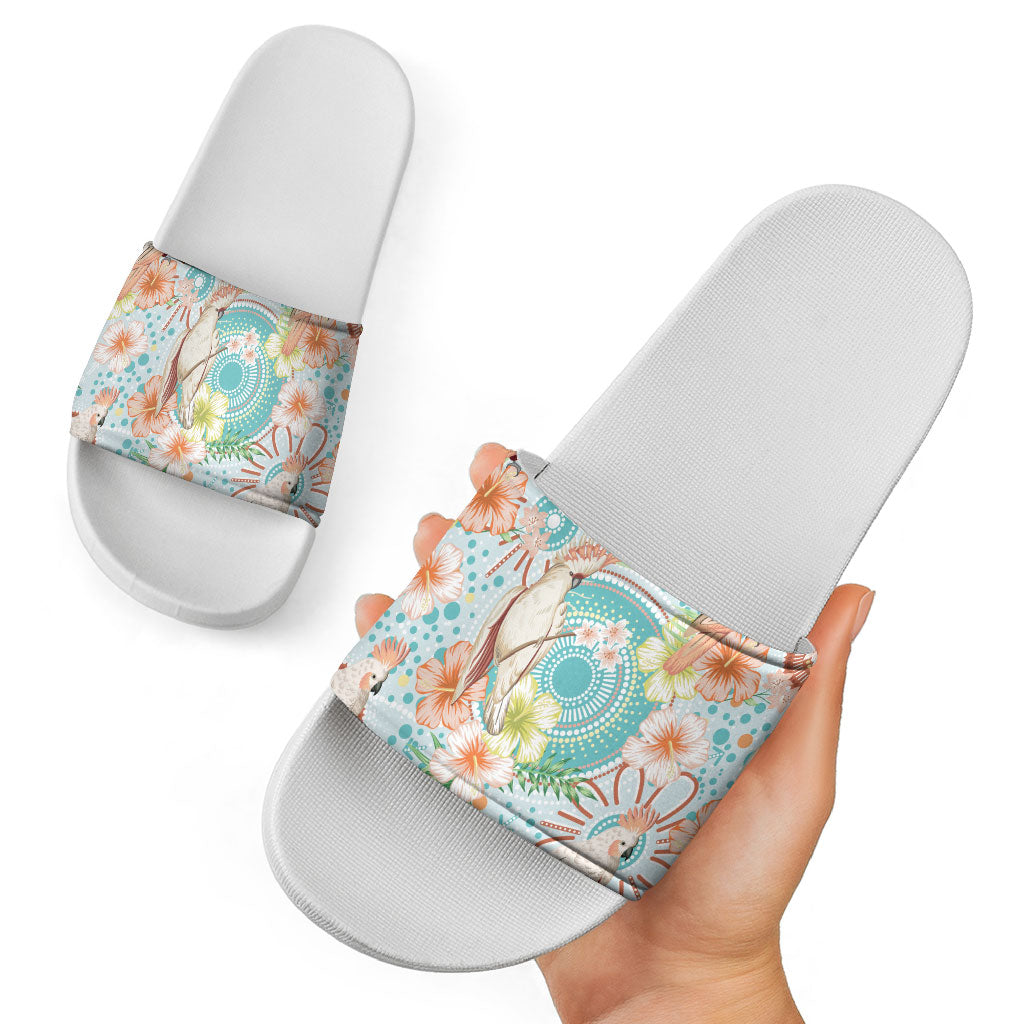Australia Pink Cockatoo Aboriginal Art Slide Sandals Tropical Hibiscus Floral Style