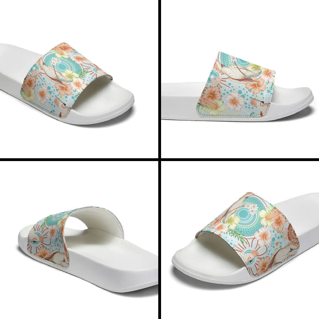 Australia Pink Cockatoo Aboriginal Art Slide Sandals Tropical Hibiscus Floral Style