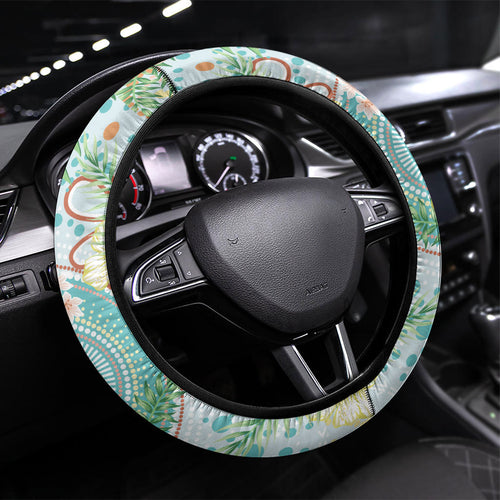 Australia Pink Cockatoo Aboriginal Art Steering Wheel Cover Tropical Hibiscus Floral Style