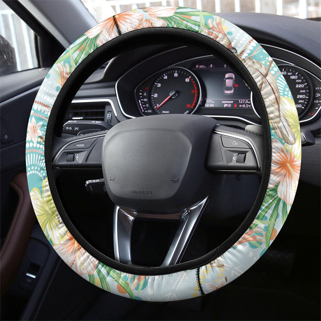 Australia Pink Cockatoo Aboriginal Art Steering Wheel Cover Tropical Hibiscus Floral Style