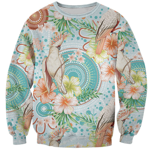 Australia Pink Cockatoo Aboriginal Art Sweatshirt Tropical Hibiscus Floral Style
