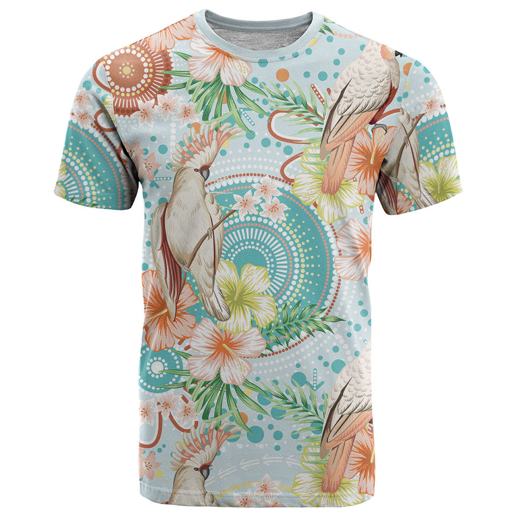 Australia Pink Cockatoo Aboriginal Art T Shirt Tropical Hibiscus Floral Style