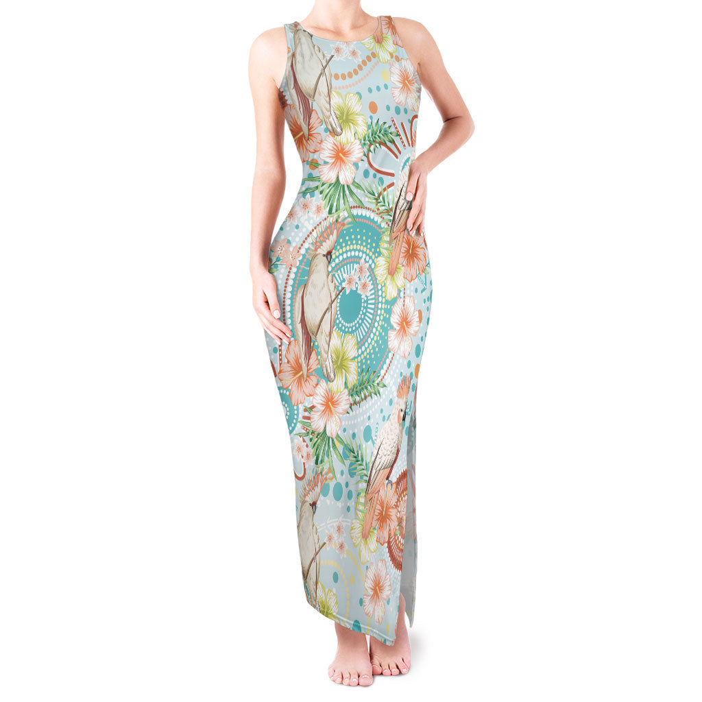 Australia Pink Cockatoo Aboriginal Art Tank Maxi Dress Tropical Hibiscus Floral Style