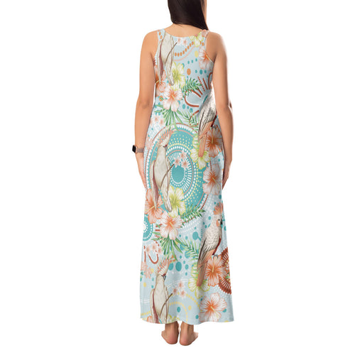 Australia Pink Cockatoo Aboriginal Art Tank Maxi Dress Tropical Hibiscus Floral Style