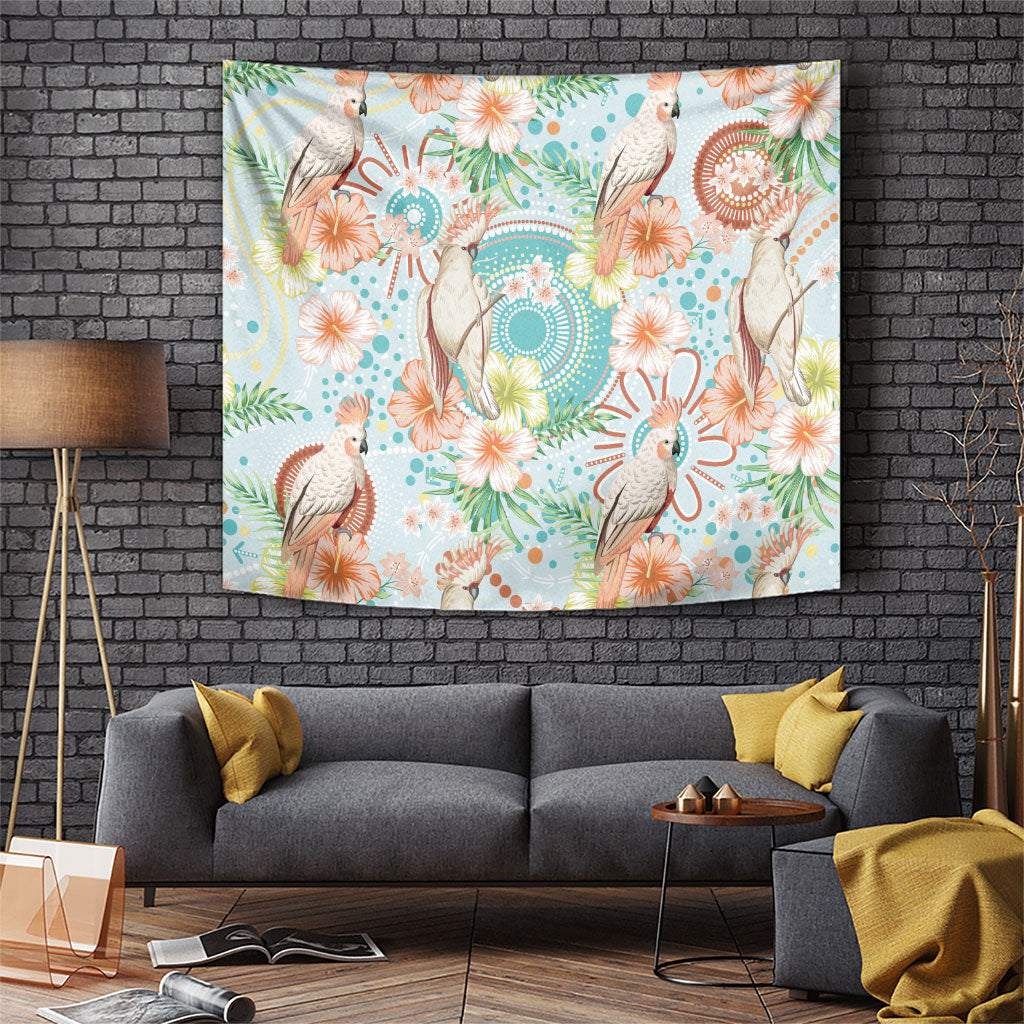 Australia Pink Cockatoo Aboriginal Art Tapestry Tropical Hibiscus Floral Style