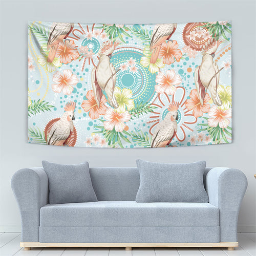 Australia Pink Cockatoo Aboriginal Art Tapestry Tropical Hibiscus Floral Style