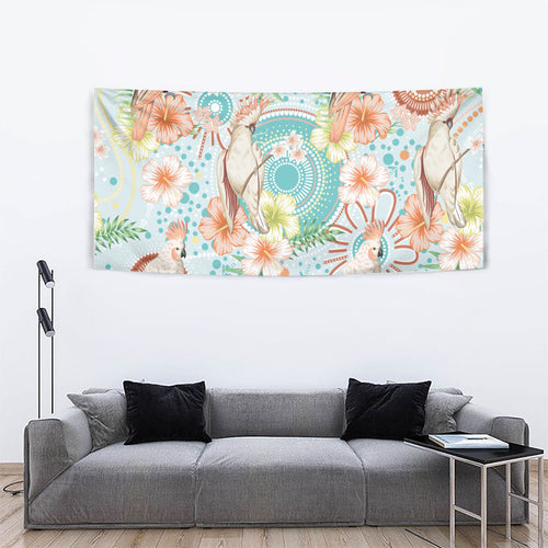 Australia Pink Cockatoo Aboriginal Art Tapestry Tropical Hibiscus Floral Style