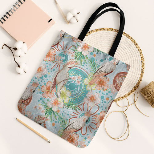 Australia Pink Cockatoo Aboriginal Art Tote Bag Tropical Hibiscus Floral Style