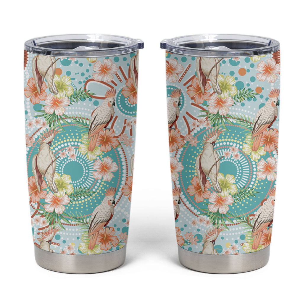 Australia Pink Cockatoo Aboriginal Art Tumbler Cup Tropical Hibiscus Floral Style