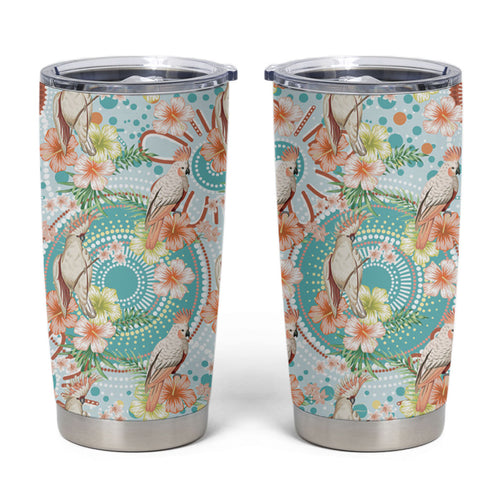 Australia Pink Cockatoo Aboriginal Art Tumbler Cup Tropical Hibiscus Floral Style