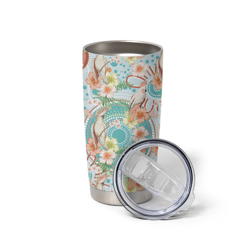 Australia Pink Cockatoo Aboriginal Art Tumbler Cup Tropical Hibiscus Floral Style