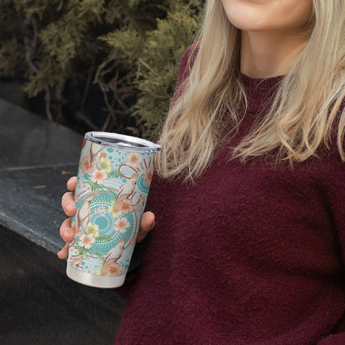 Australia Pink Cockatoo Aboriginal Art Tumbler Cup Tropical Hibiscus Floral Style
