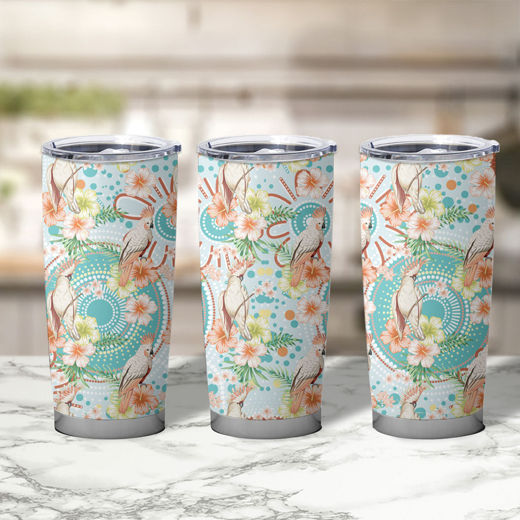 Australia Pink Cockatoo Aboriginal Art Tumbler Cup Tropical Hibiscus Floral Style
