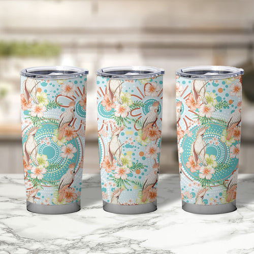 Australia Pink Cockatoo Aboriginal Art Tumbler Cup Tropical Hibiscus Floral Style