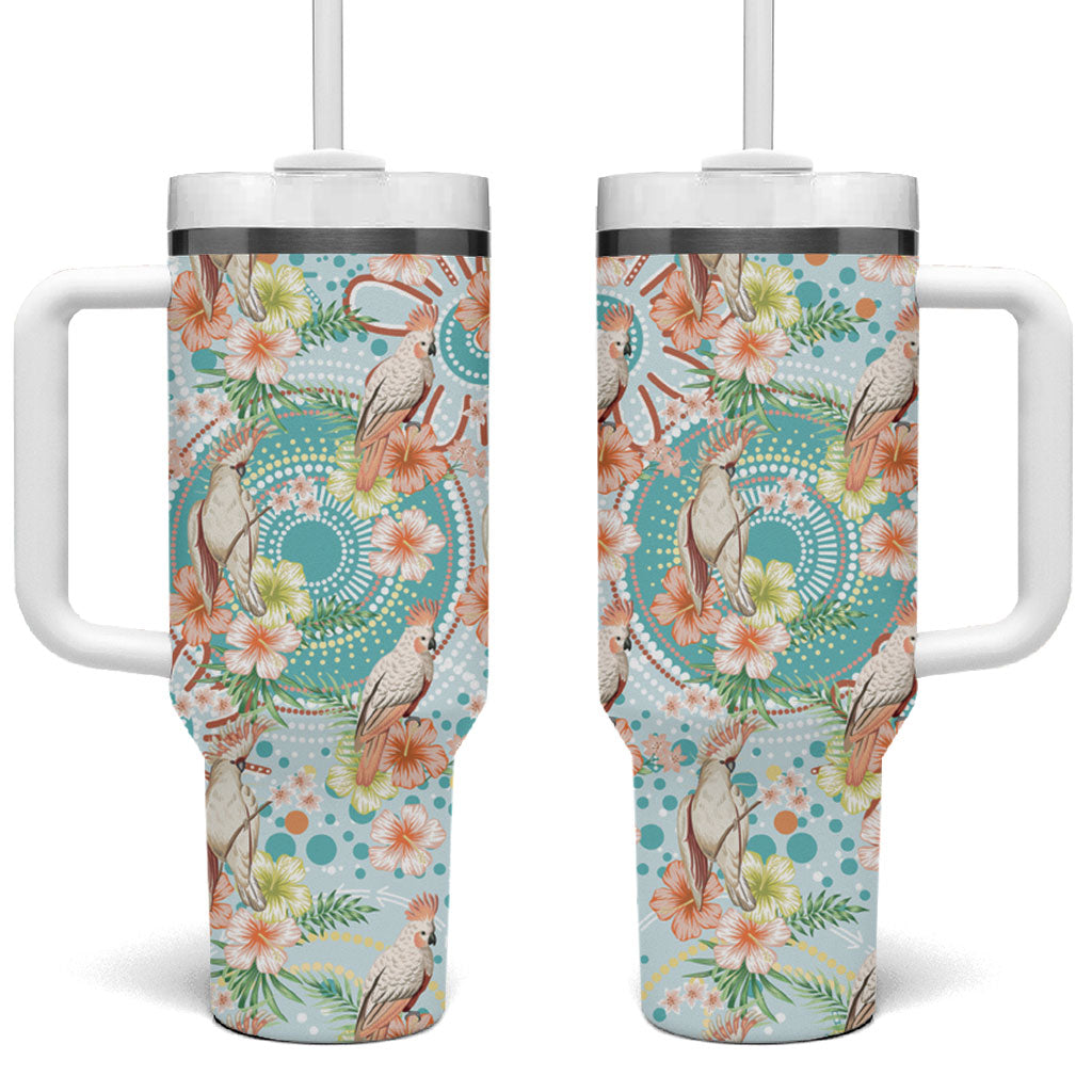 Australia Pink Cockatoo Aboriginal Art Tumbler With Handle Tropical Hibiscus Floral Style