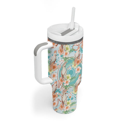 Australia Pink Cockatoo Aboriginal Art Tumbler With Handle Tropical Hibiscus Floral Style