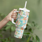 Australia Pink Cockatoo Aboriginal Art Tumbler With Handle Tropical Hibiscus Floral Style