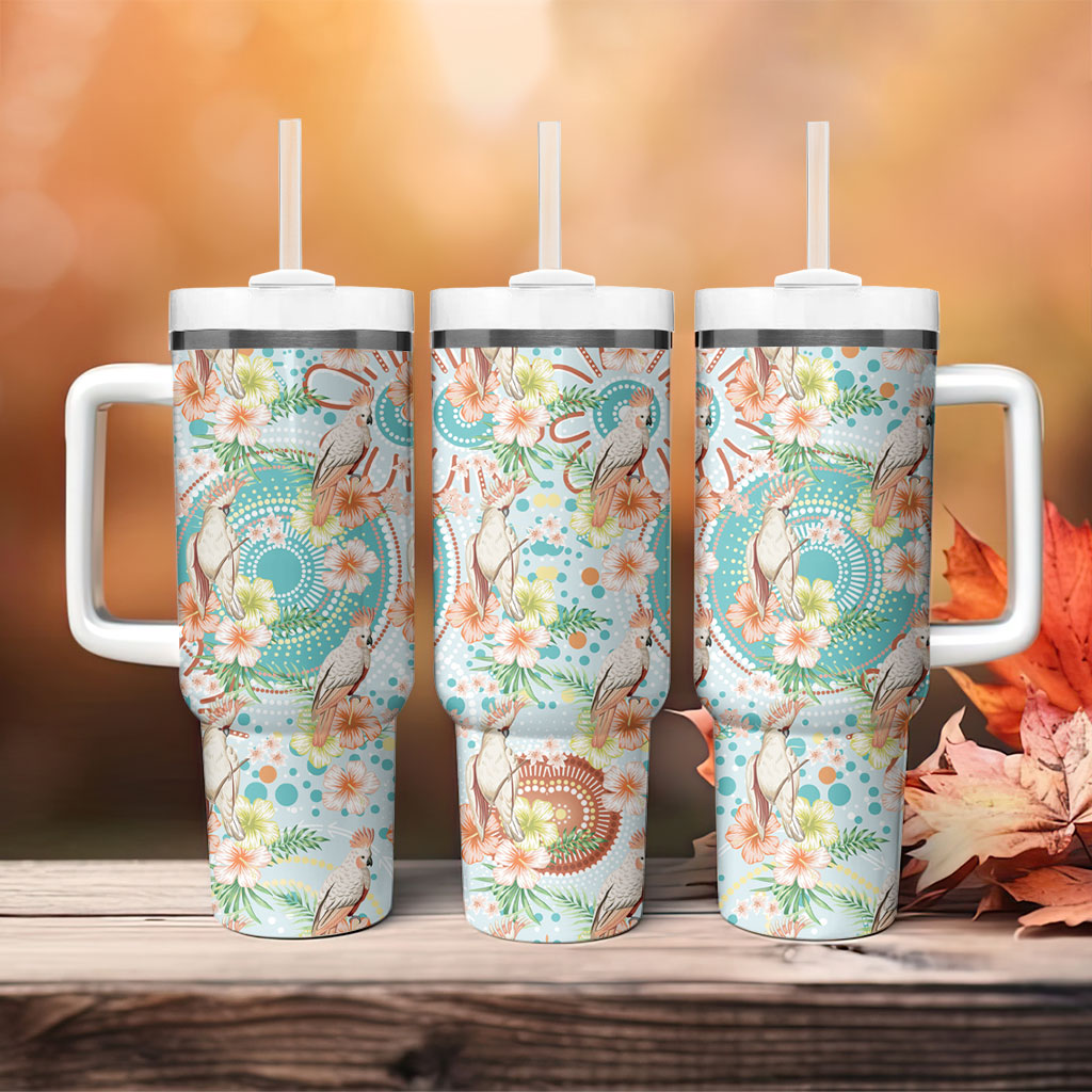 Australia Pink Cockatoo Aboriginal Art Tumbler With Handle Tropical Hibiscus Floral Style