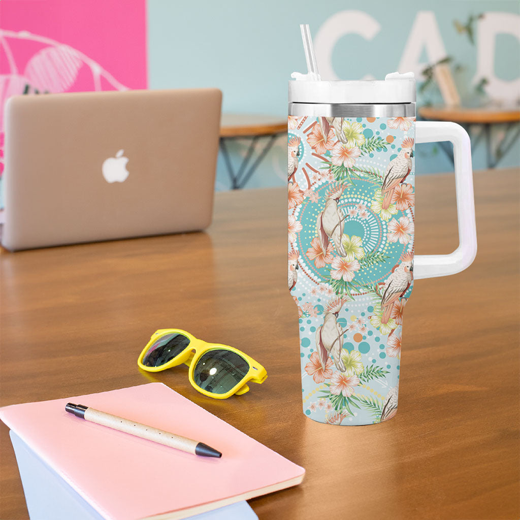 Australia Pink Cockatoo Aboriginal Art Tumbler With Handle Tropical Hibiscus Floral Style
