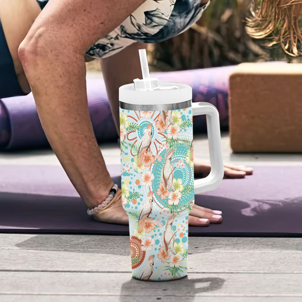 Australia Pink Cockatoo Aboriginal Art Tumbler With Handle Tropical Hibiscus Floral Style