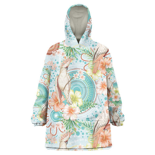 Australia Pink Cockatoo Aboriginal Art Wearable Blanket Hoodie Tropical Hibiscus Floral Style