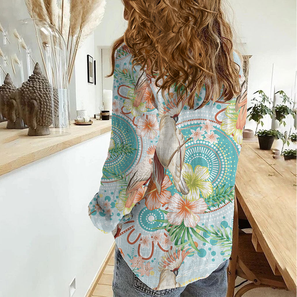 Australia Pink Cockatoo Aboriginal Art Women Casual Shirt Tropical Hibiscus Floral Style