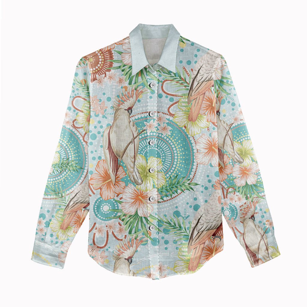 Australia Pink Cockatoo Aboriginal Art Women Casual Shirt Tropical Hibiscus Floral Style