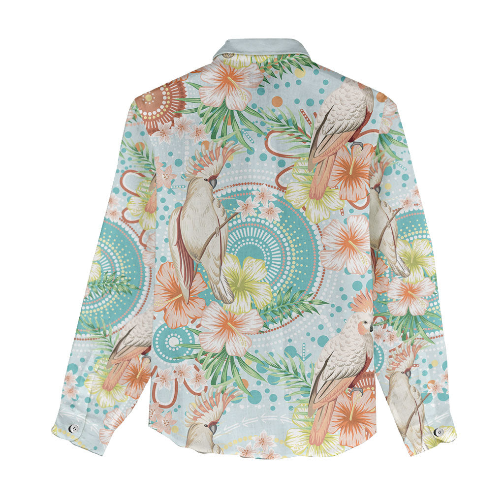 Australia Pink Cockatoo Aboriginal Art Women Casual Shirt Tropical Hibiscus Floral Style