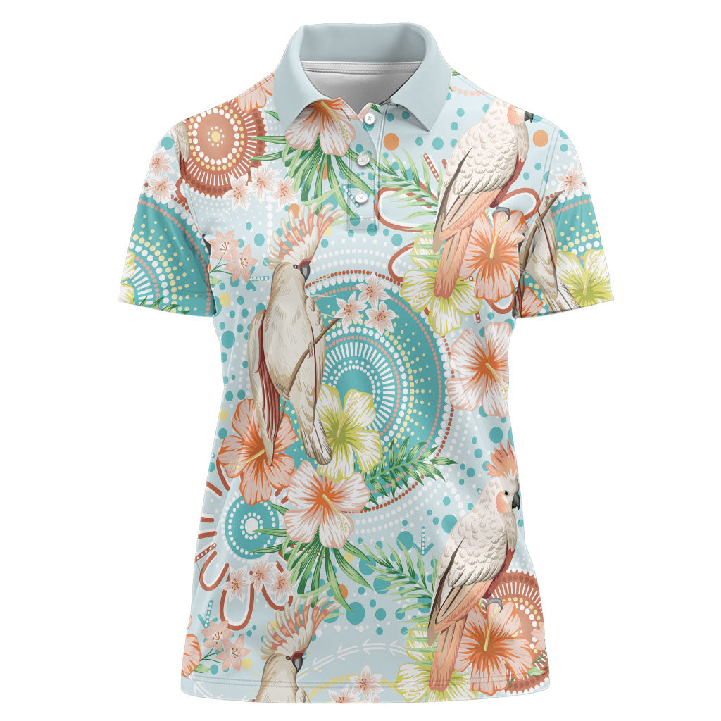 Australia Pink Cockatoo Aboriginal Art Women Polo Shirt Tropical Hibiscus Floral Style