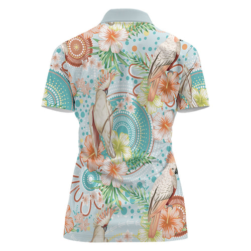 Australia Pink Cockatoo Aboriginal Art Women Polo Shirt Tropical Hibiscus Floral Style