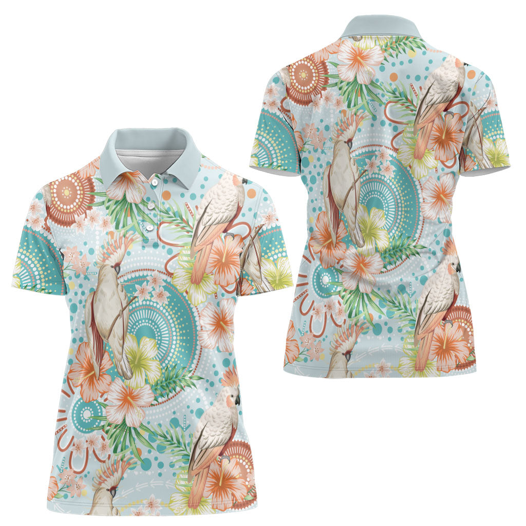 Australia Pink Cockatoo Aboriginal Art Women Polo Shirt Tropical Hibiscus Floral Style