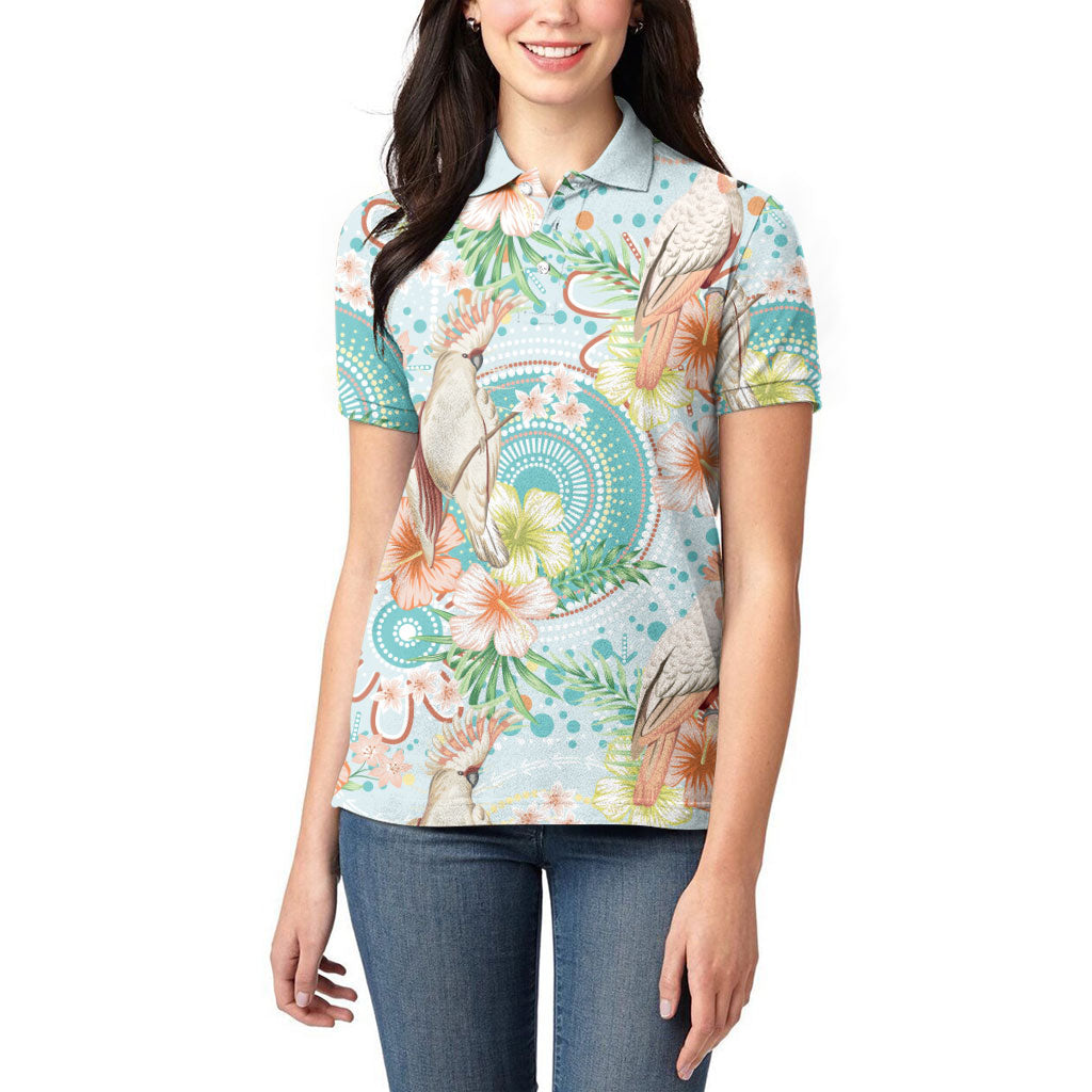 Australia Pink Cockatoo Aboriginal Art Women Polo Shirt Tropical Hibiscus Floral Style