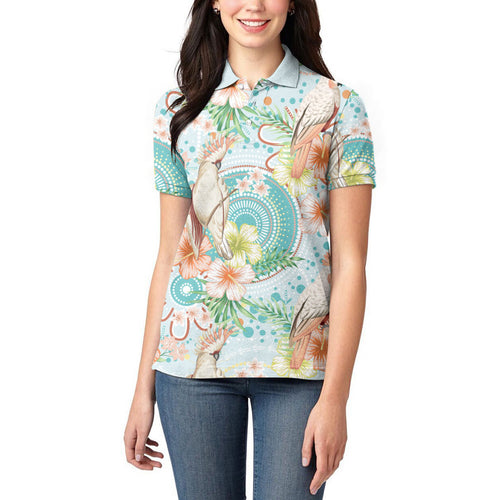 Australia Pink Cockatoo Aboriginal Art Women Polo Shirt Tropical Hibiscus Floral Style