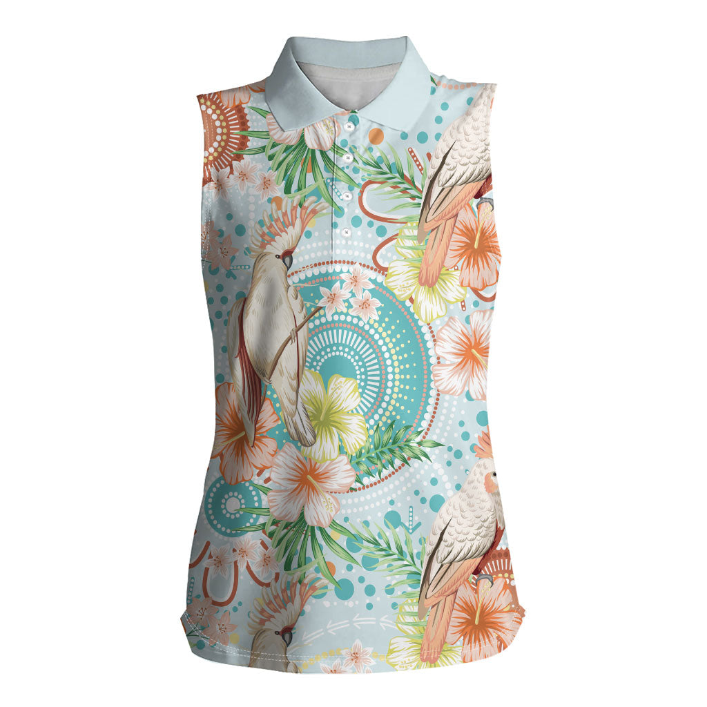 Australia Pink Cockatoo Aboriginal Art Women Sleeveless Polo Shirt Tropical Hibiscus Floral Style