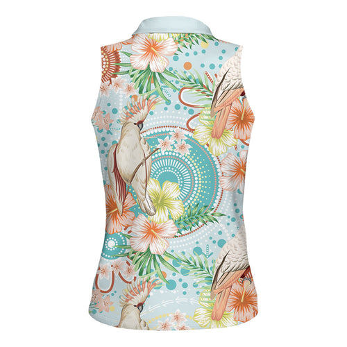 Australia Pink Cockatoo Aboriginal Art Women Sleeveless Polo Shirt Tropical Hibiscus Floral Style