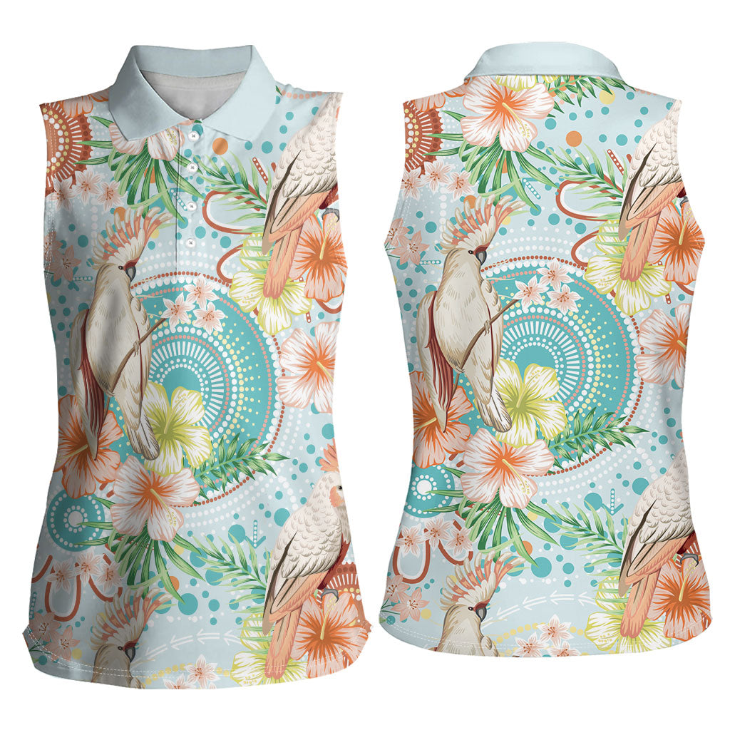 Australia Pink Cockatoo Aboriginal Art Women Sleeveless Polo Shirt Tropical Hibiscus Floral Style